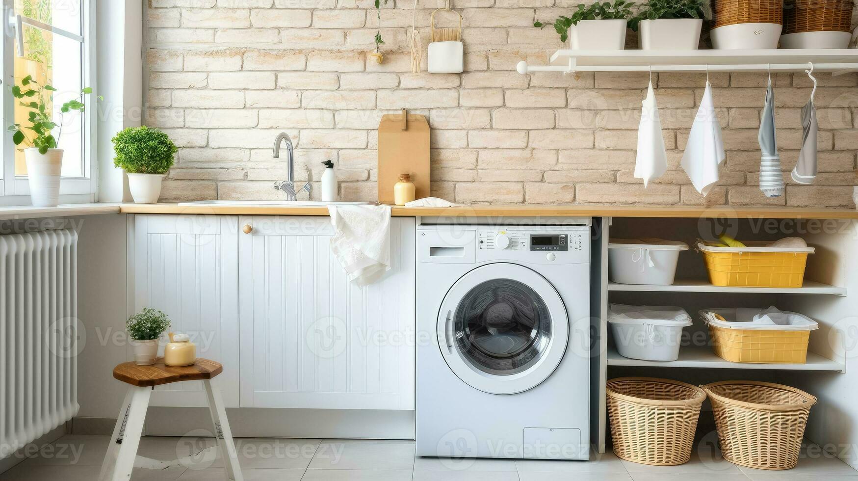 AI generated Interior clean white laundry room with front load washer and dryer units , Ai generative photo