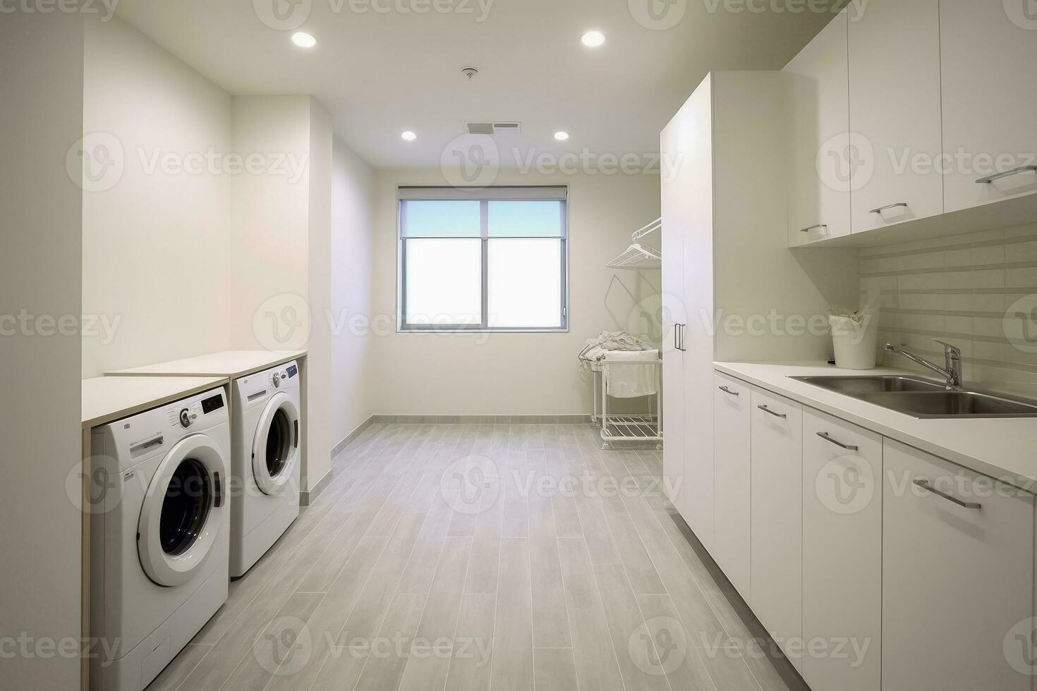 AI generated Interior clean white laundry room with front load washer and dryer units,AI generative photo