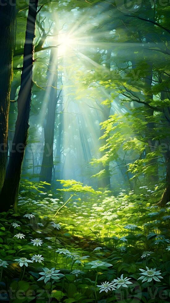 AI generated Mysterious green forest with sun rays and fog, spring landscape photo