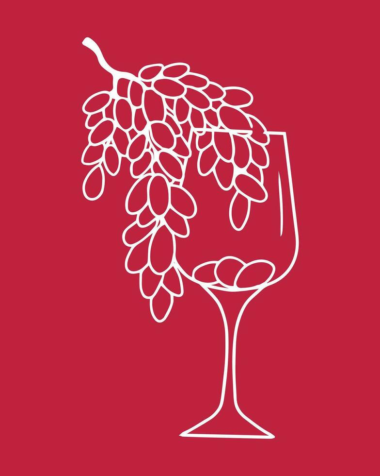 vector mano dibujado resumen vaso de vino con manojo de uvas.