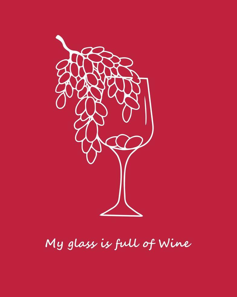 Vector hand drawn abstract glass of wine with bunch of grapes.