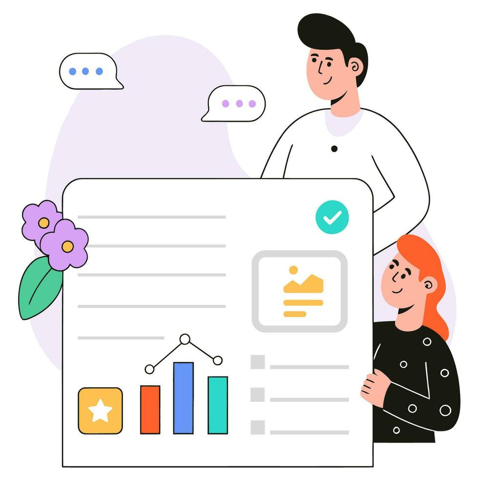The development team presents a new application with chat bot and image generation, flat vector illustration.