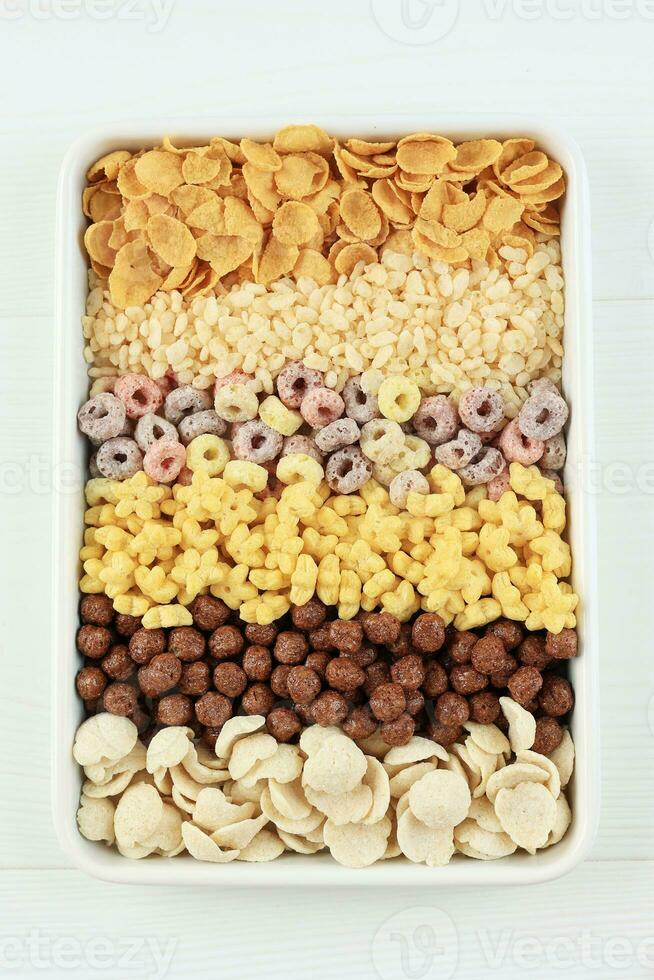 Various Breakfast Cereal in a Tray photo
