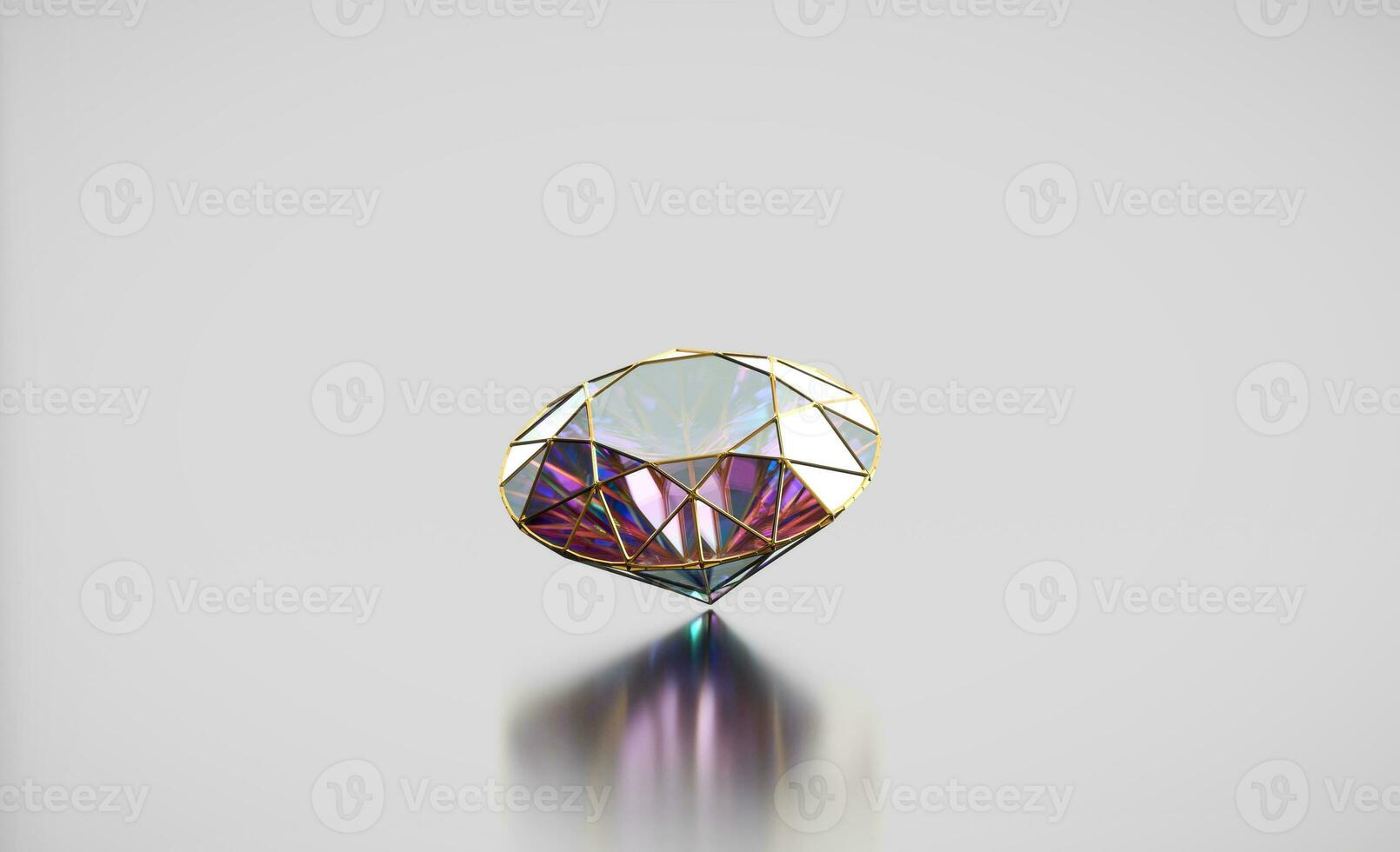 Abstract colorful brilliant diamond gem placed on glossy background 3d rendering photo