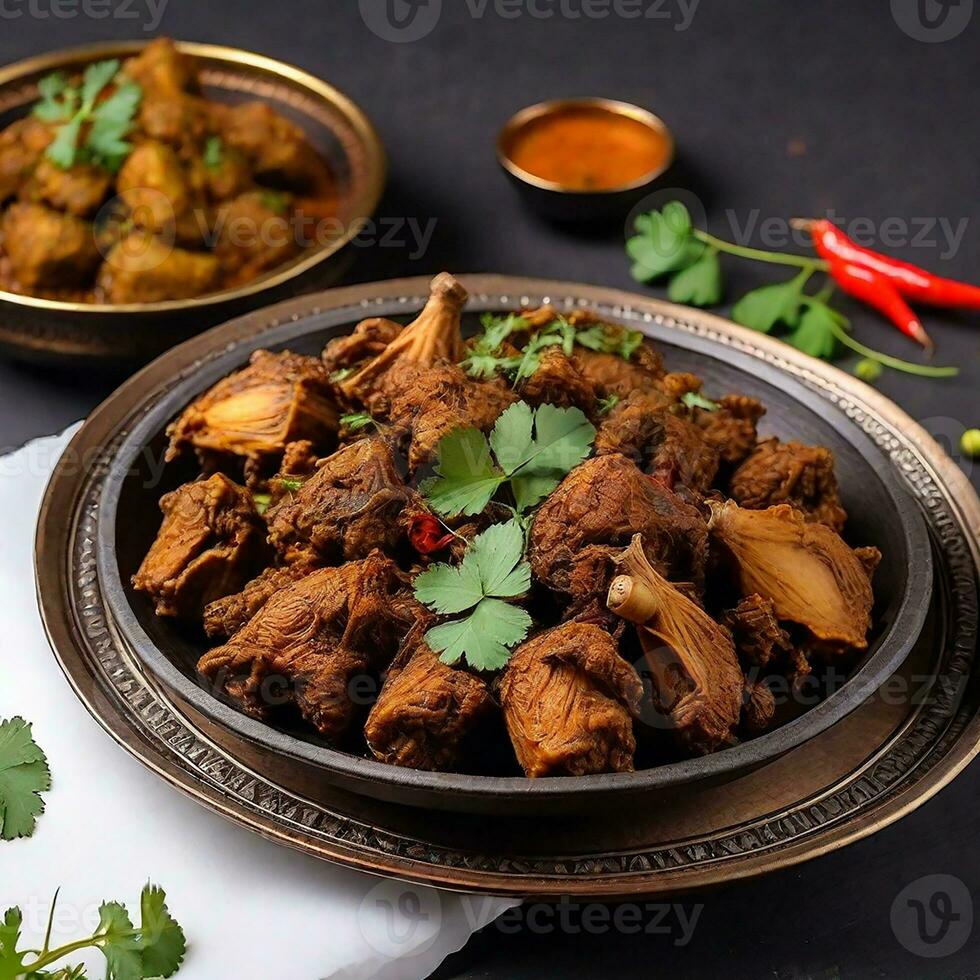 AI generated Indian style meat dish or mutton or gosht masala or lamb rogan josh served in a bowl, selective focus photo