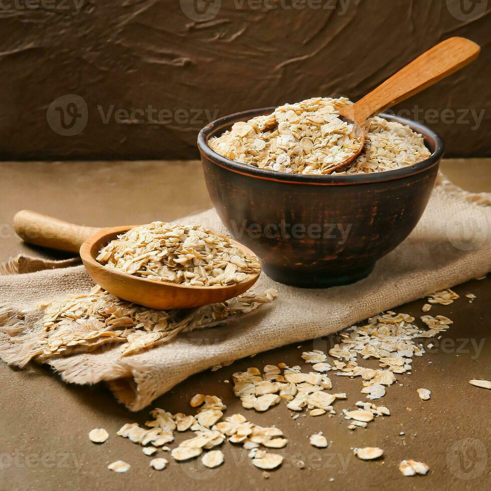 AI generated Dry rolled oatmeal with berries and fruits in bowl isolated on white background. photo