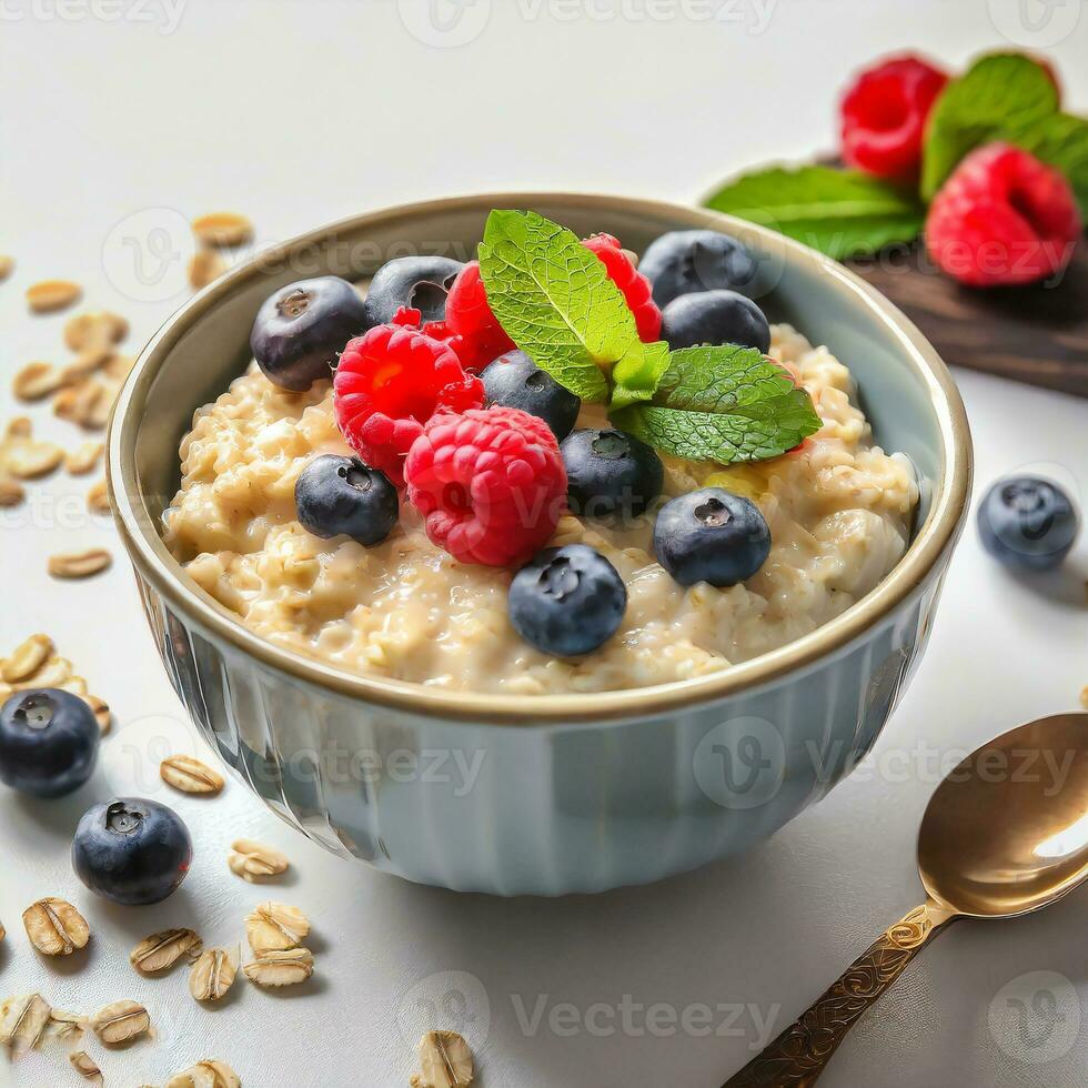 AI generated Dry rolled oatmeal with berries and fruits in bowl isolated on white background. photo