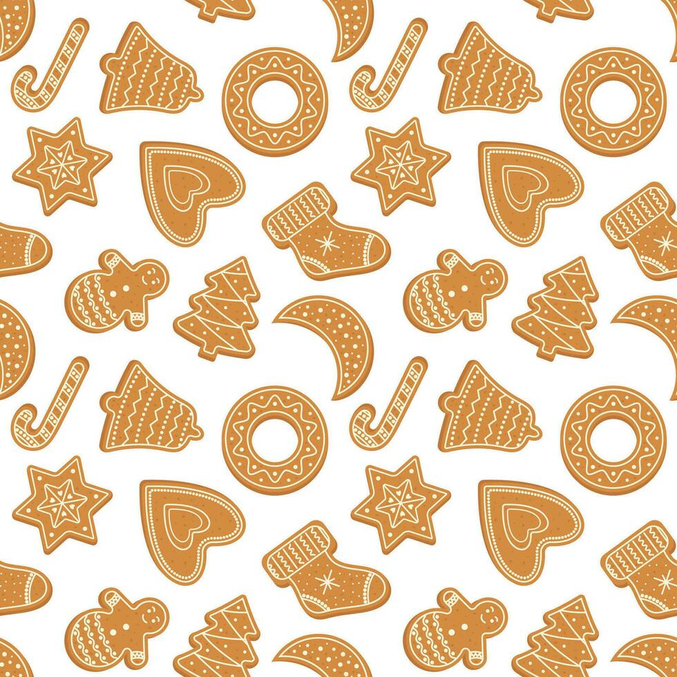 Gingerbread cookies with icing on a white background seamless pattern. Vector illustration