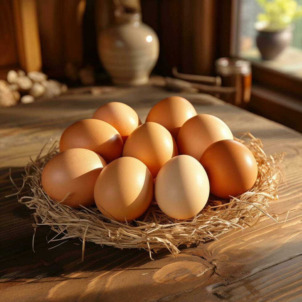 ai generado pollo huevos en heno en un de madera mesa, iluminado por luz de sol. pueblo paisaje foto