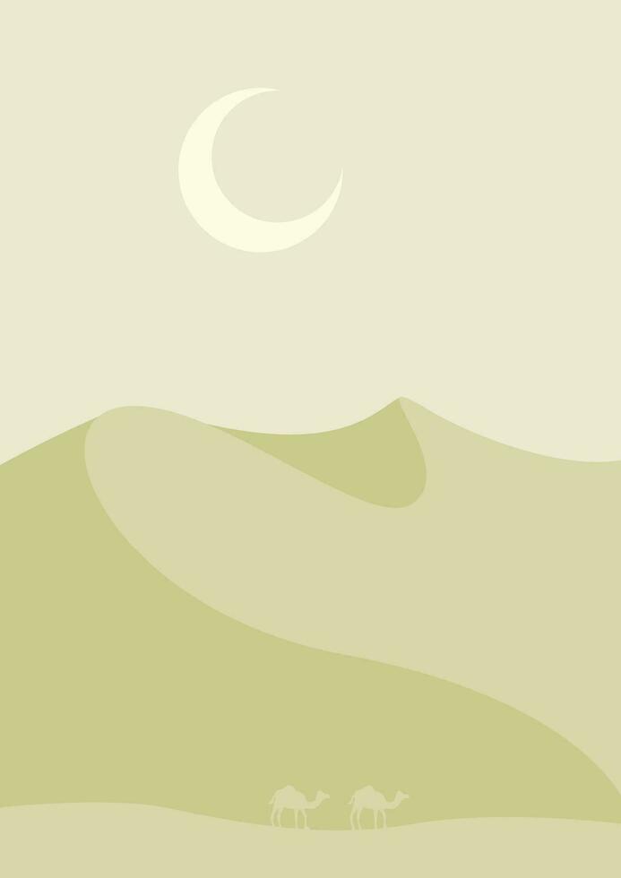 Desert landscape, night dunes illustration. Boho wall decor with wild camels. vector