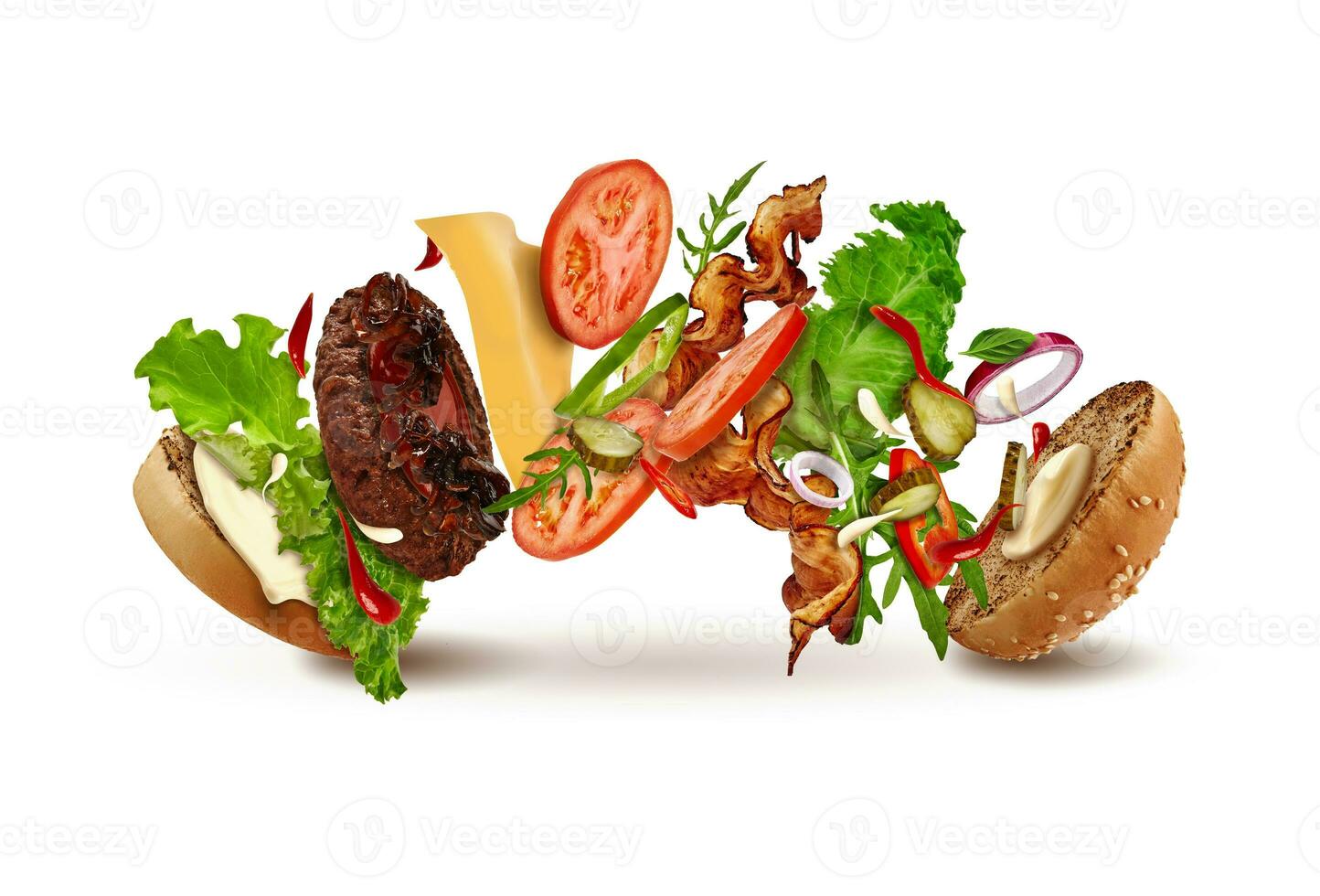 Delicious burger with flying ingredients isolated on white. Ham, beef cutlet, cheese, mayonnaise, ketchup, vegetables and greens. Close up, copy space photo