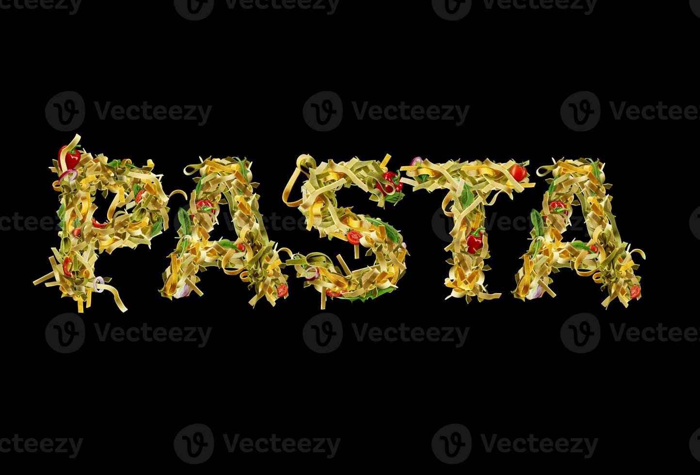 Inscription pasta by macaroni with cherry tomatoes, red bell pepper, onion, green basil and arugula against black studio background. Close up photo