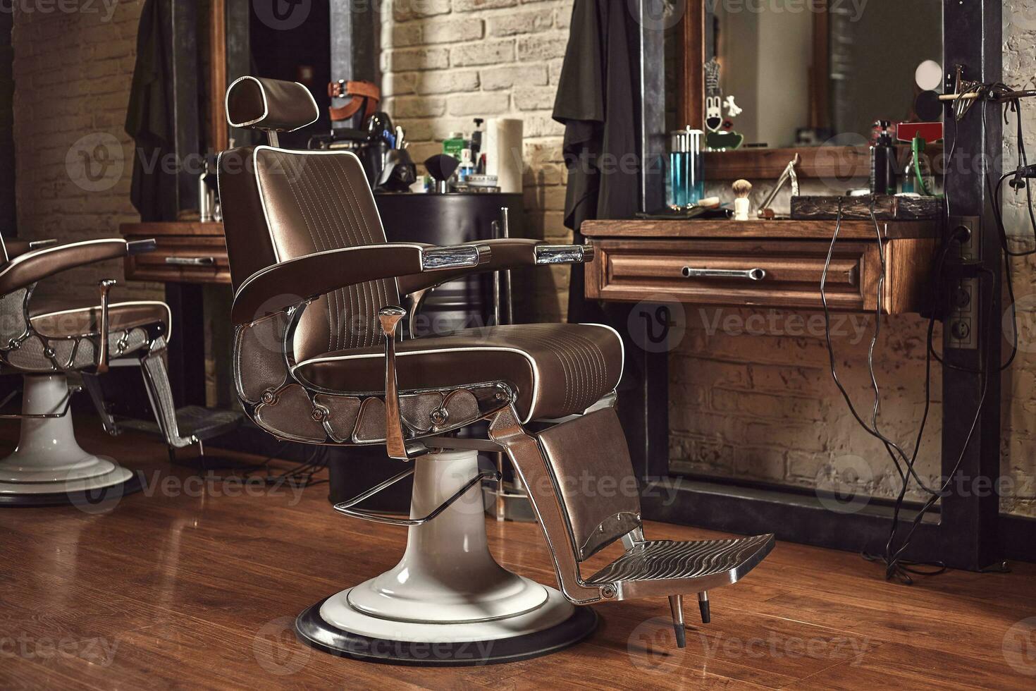 Barbershop armchair. Modern hairdresser and hair salon, barber shop for men. photo