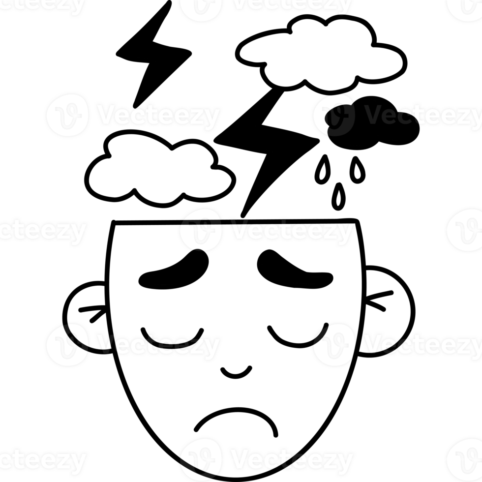 Mental health . Head with an unhappy sad face and bad weather png