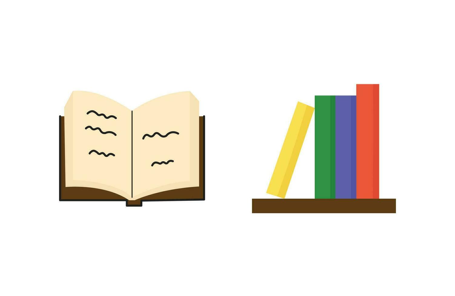 Set of illustrations with books on a shelf and isolated dictionary. vector