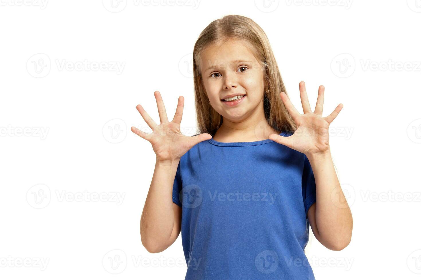 Portrait of adorable emotional little girl isolated on a white photo