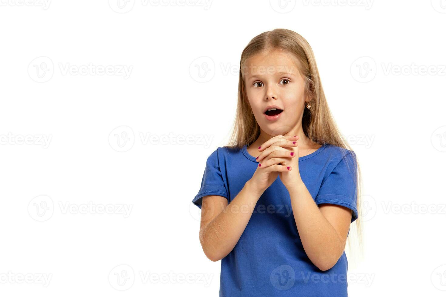 Portrait of adorable emotional little girl isolated on a white photo