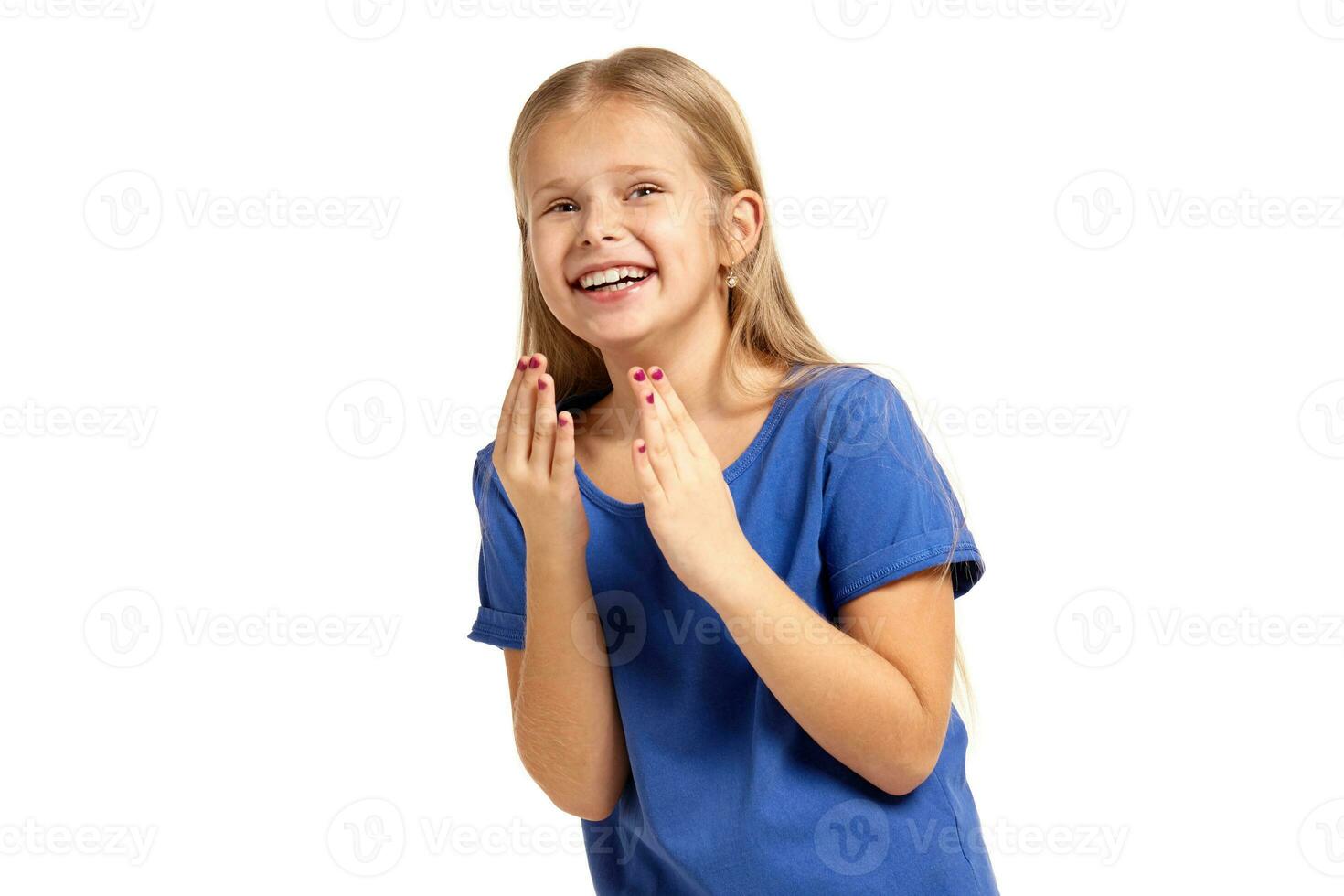 Portrait of adorable emotional little girl isolated on a white photo