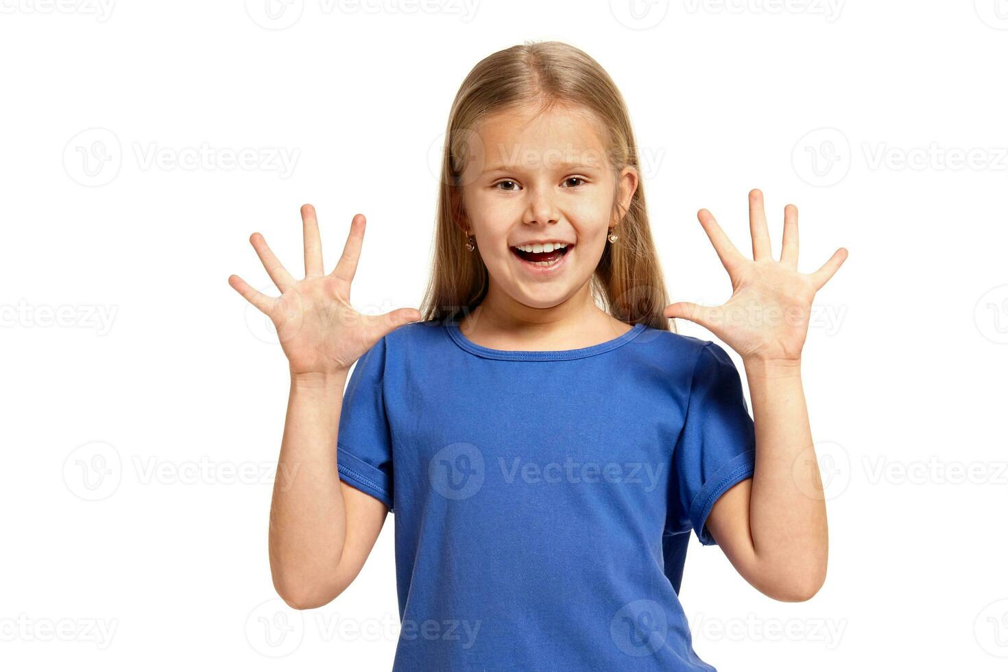 Portrait of adorable emotional little girl isolated on a white photo