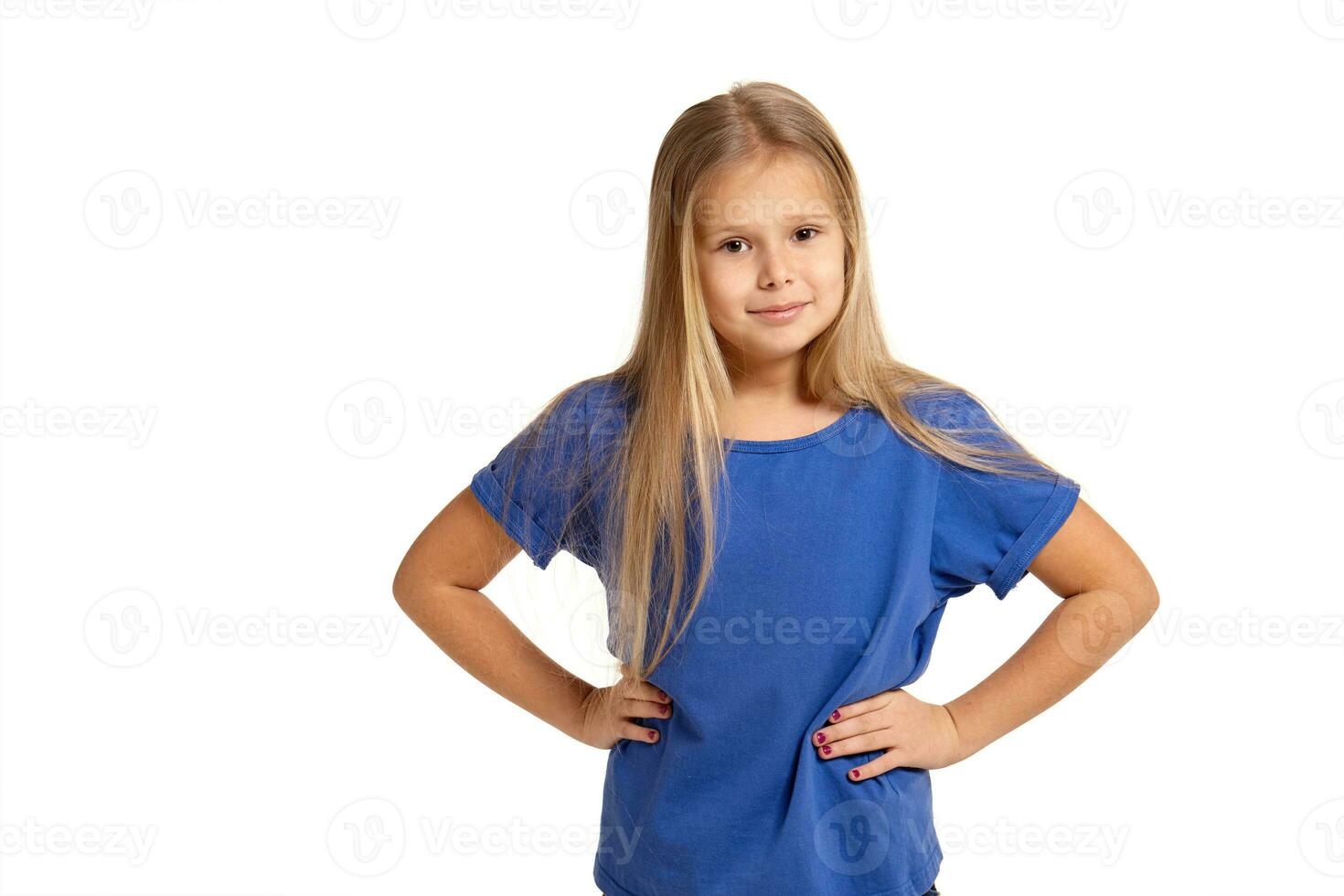 Portrait of adorable emotional little girl isolated on a white photo