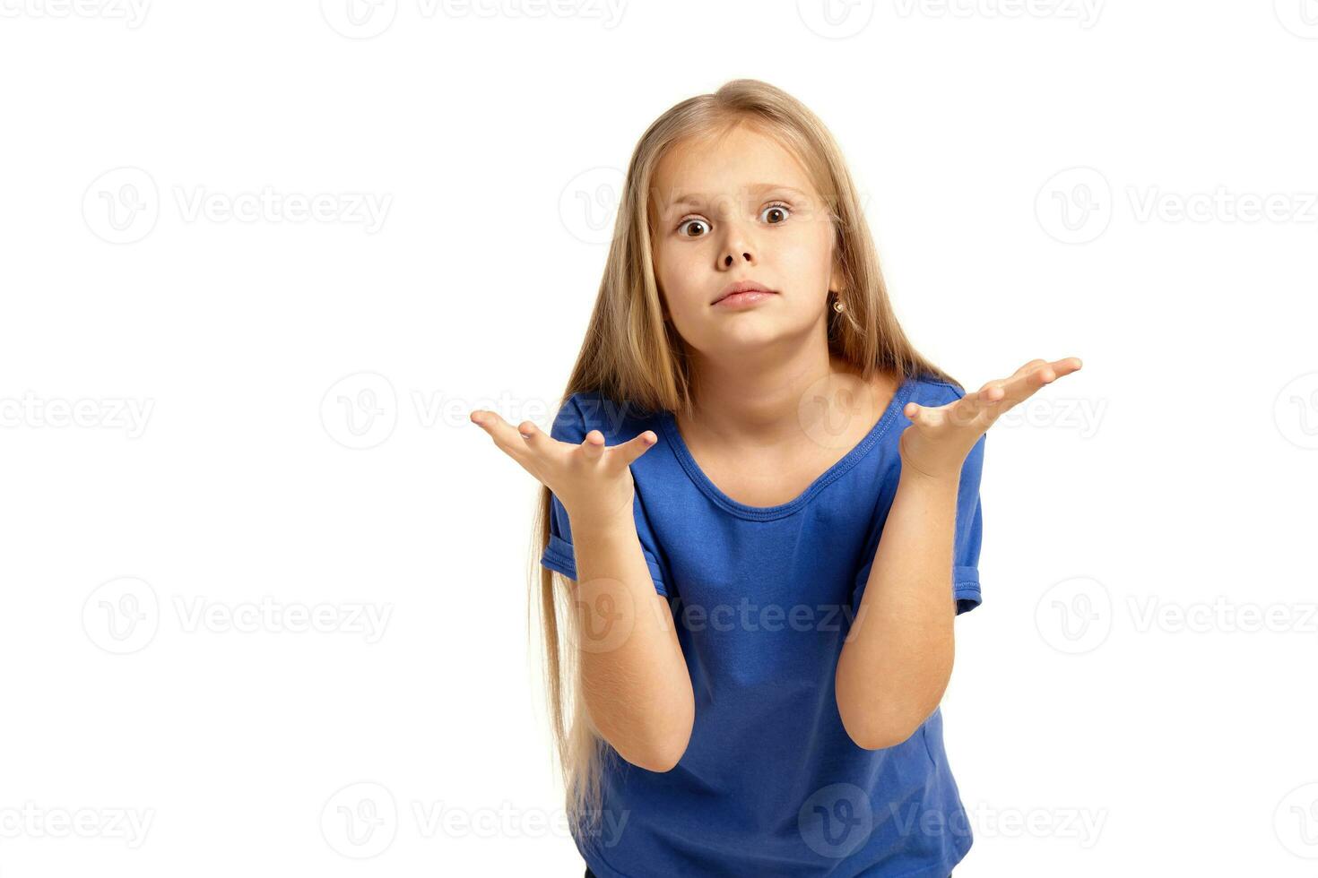 Portrait of adorable emotional little girl isolated on a white photo