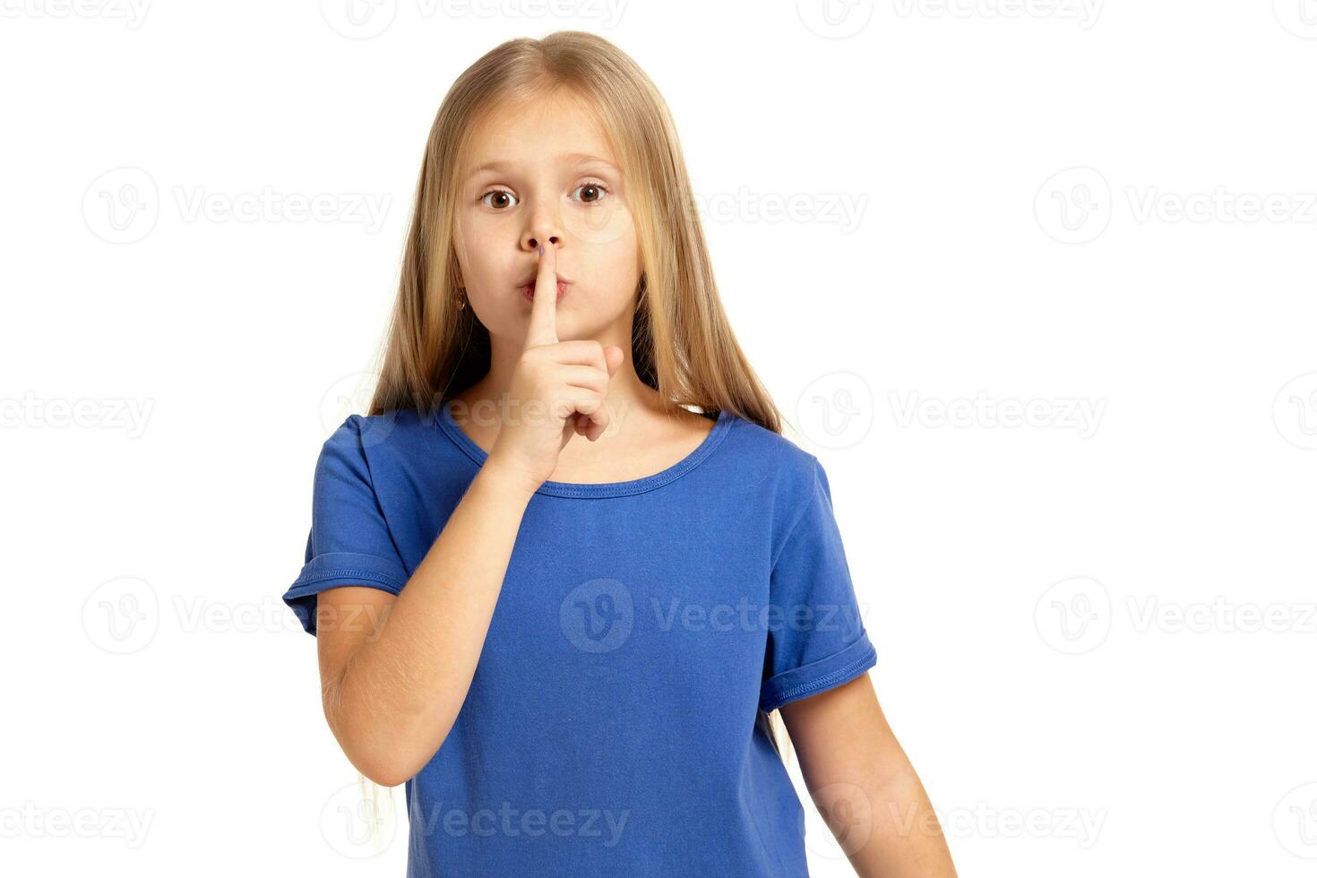 Portrait of adorable emotional little girl isolated on a white photo