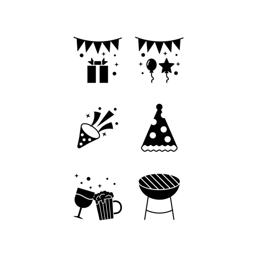 icon set party, gift box, balloons, confetti, party hat, beer, cheers, barbeque grill.isolated on white background with black fill style. vector