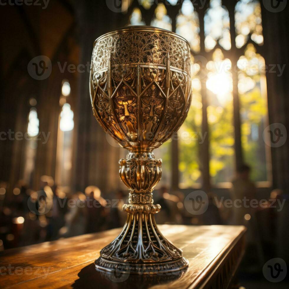 Sunset view in church with close up of Holy Chalice with customizable space for text or prayers. photo