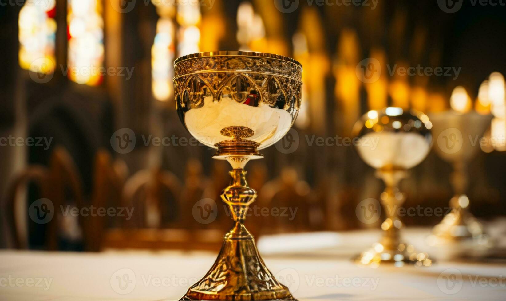 Close up of Holy Chalice with customizable space for text or prayers. photo