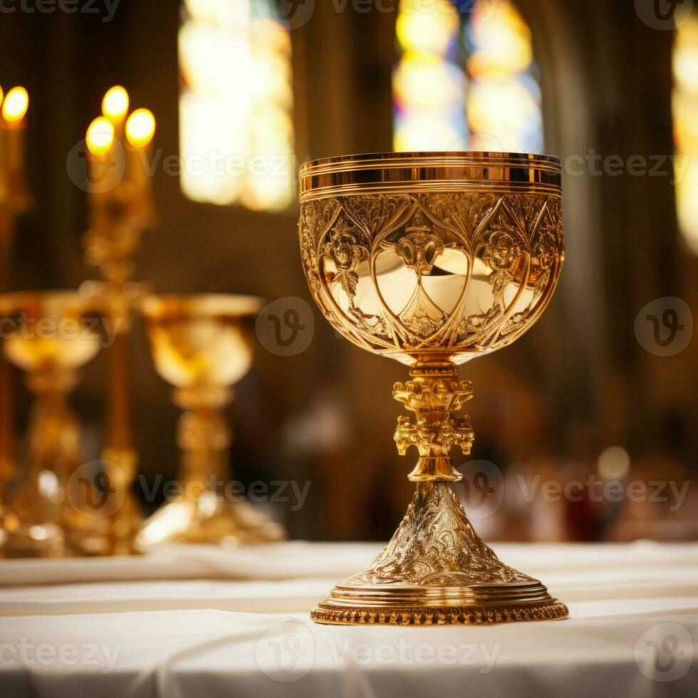 Golden Holy Chalice with customizable space for text or prayers. photo