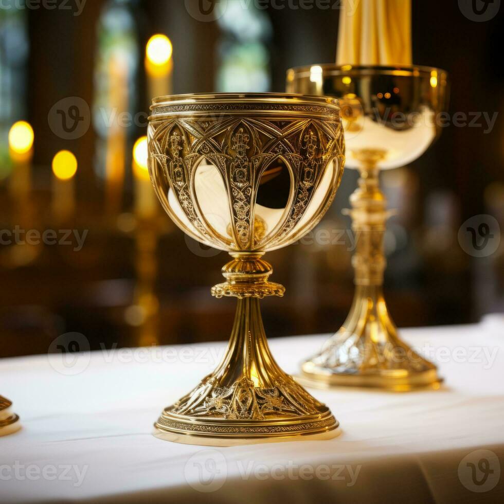 Golden Holy Chalice with customizable space for text or prayers. photo