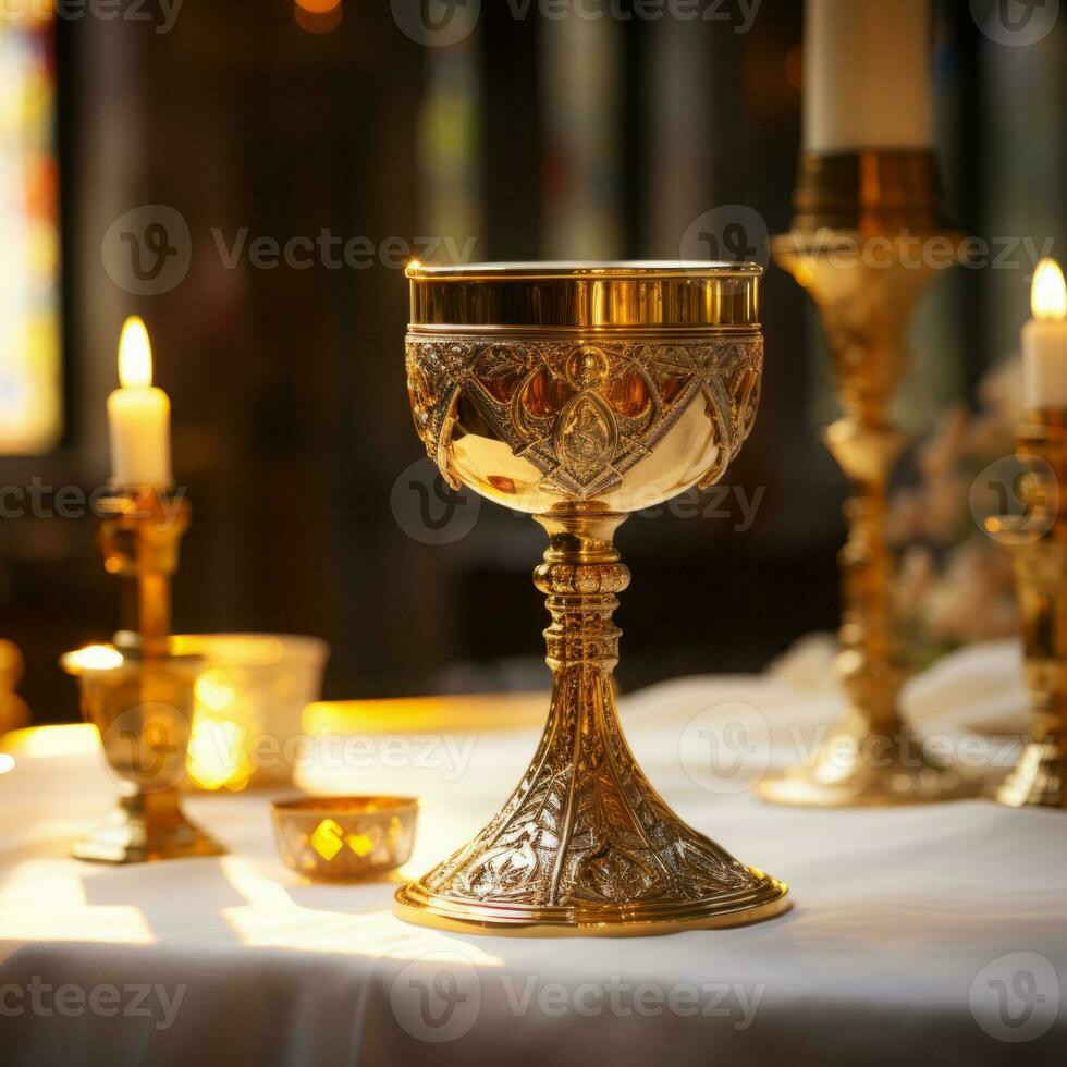 Golden Holy Chalice with customizable space for text or prayers. photo