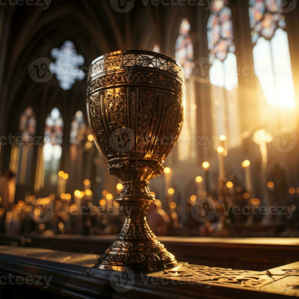 Sunset view in church with close up of Holy Chalice with customizable space for text or prayers. photo