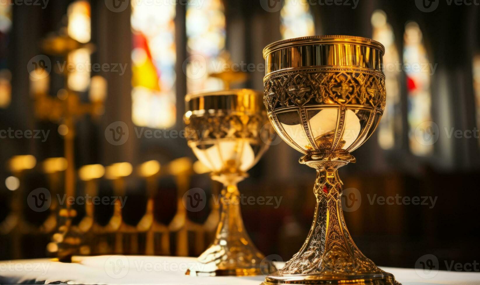 Close up of Holy Chalice with customizable space for text or prayers. photo