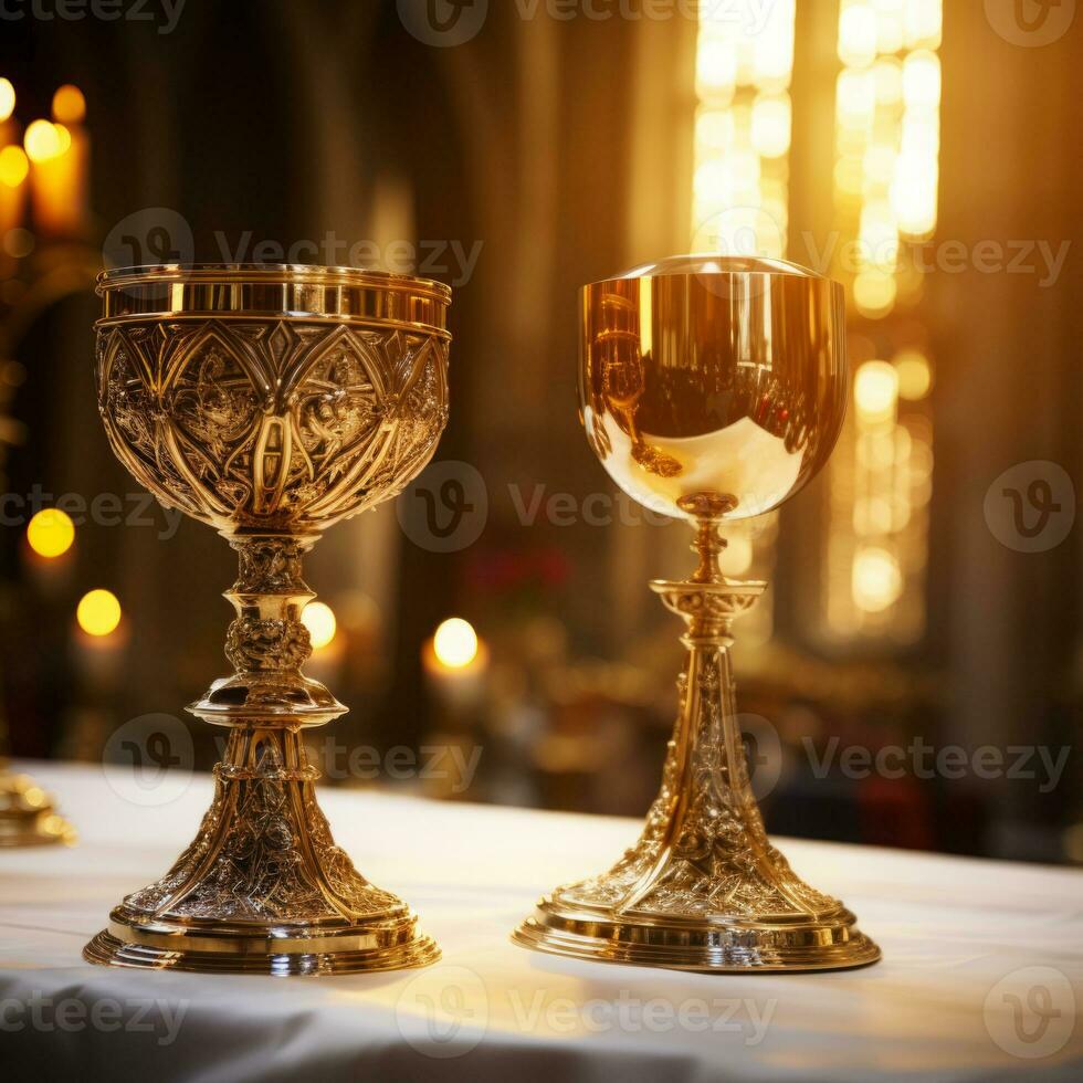 Golden Holy Chalice with customizable space for text or prayers. photo