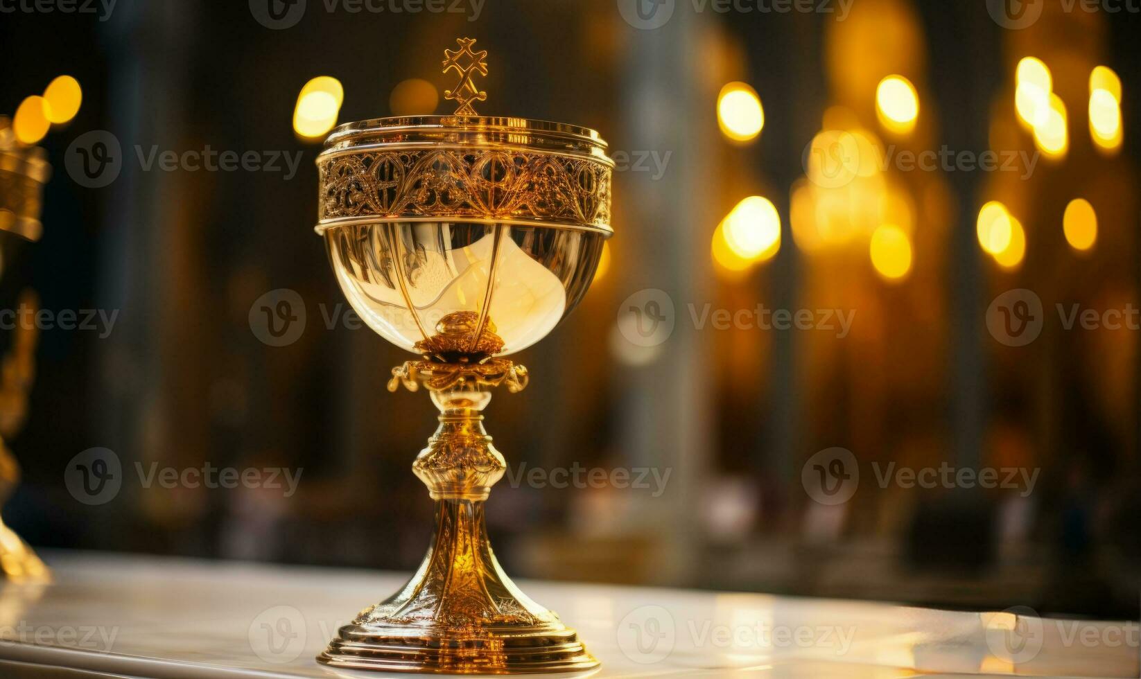 Close up of Holy Chalice with customizable space for text or prayers. photo