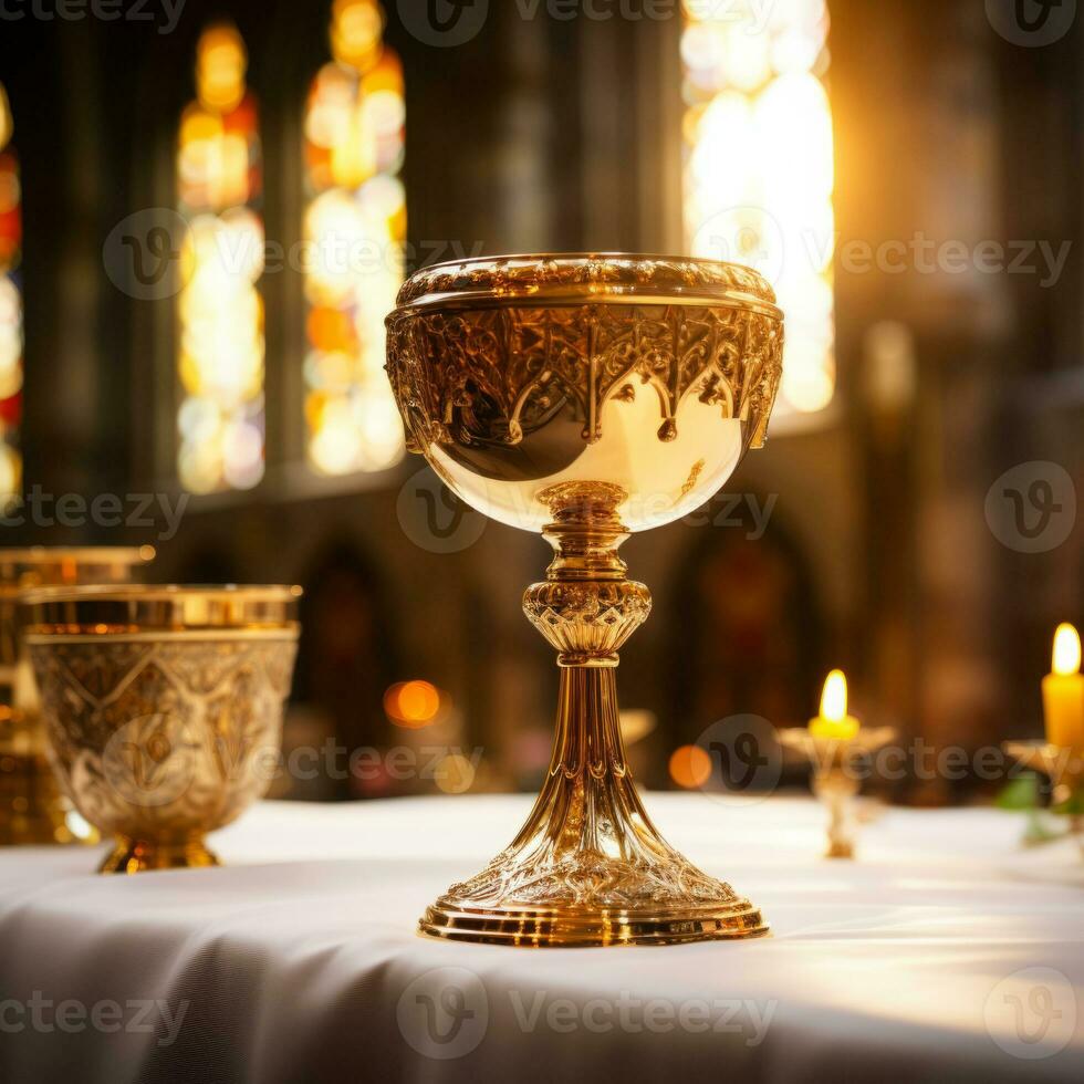 Golden Holy Chalice with customizable space for text or prayers. photo