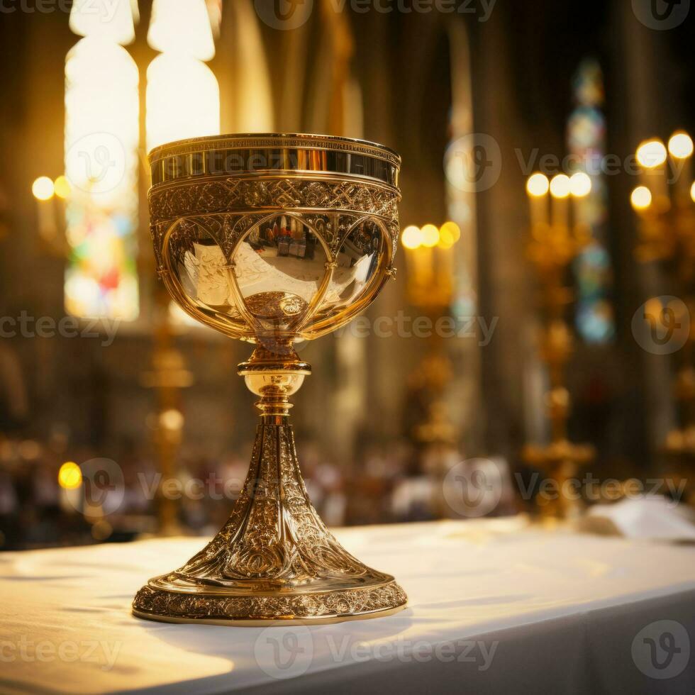 Golden Holy Chalice with customizable space for text or prayers. photo