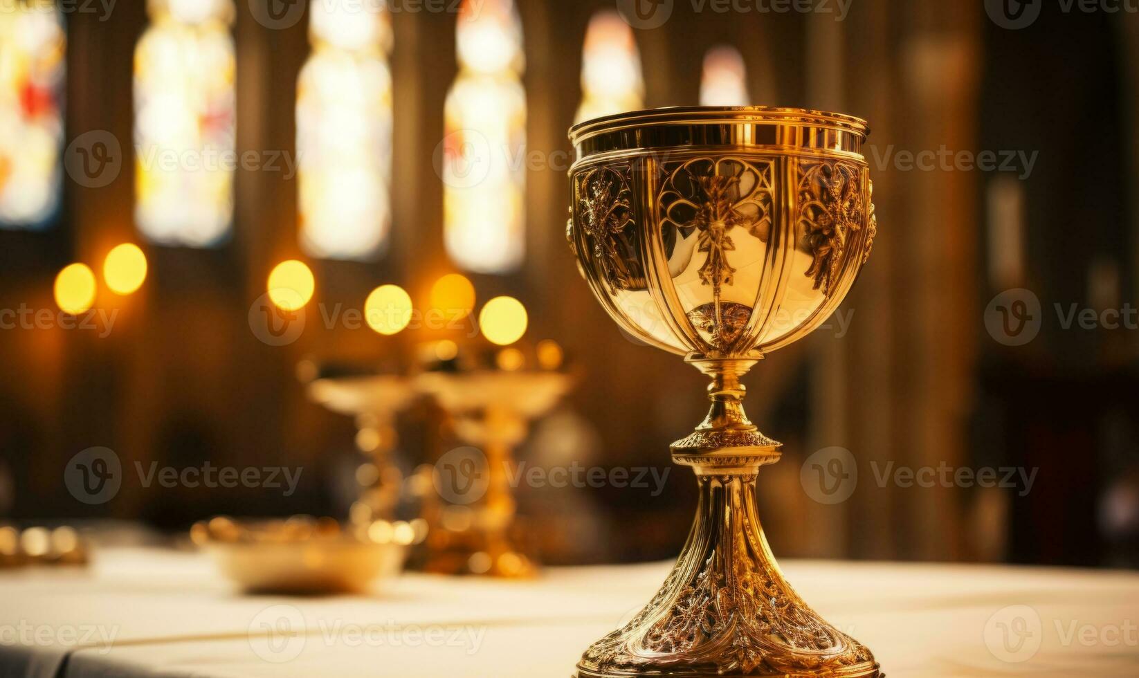 Close up of Holy Chalice with customizable space for text or prayers. photo