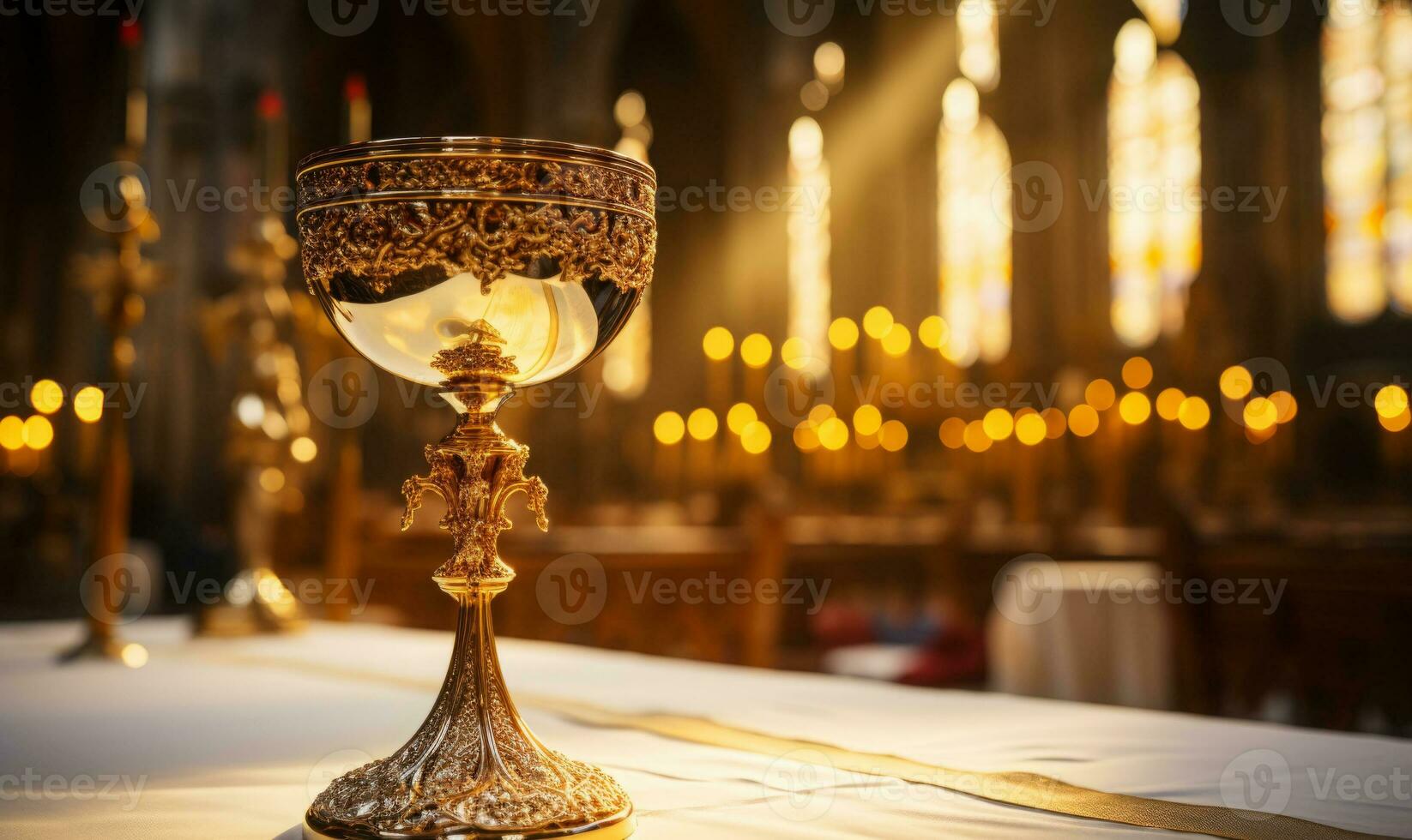 Sunset view in church with close up of Holy Chalice with customizable space for text or prayers. photo