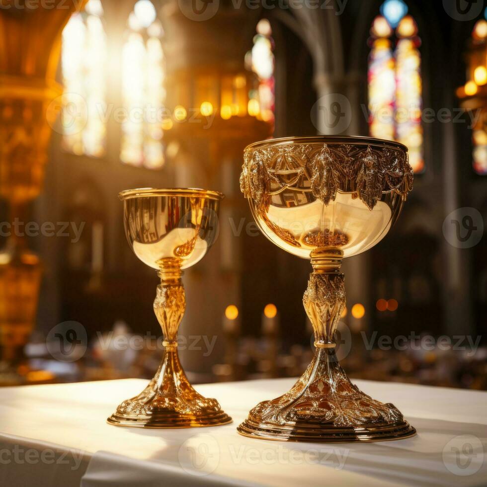 Golden Holy Chalice with customizable space for text or prayers. photo