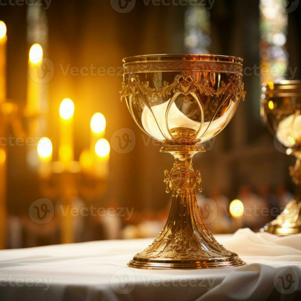 Close up of Holy Chalice with customizable space for text or prayers. photo