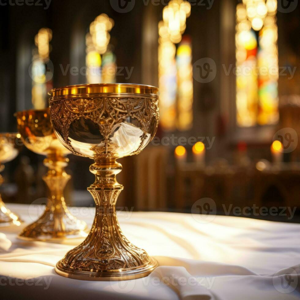 Golden Holy Chalice with customizable space for text or prayers. photo