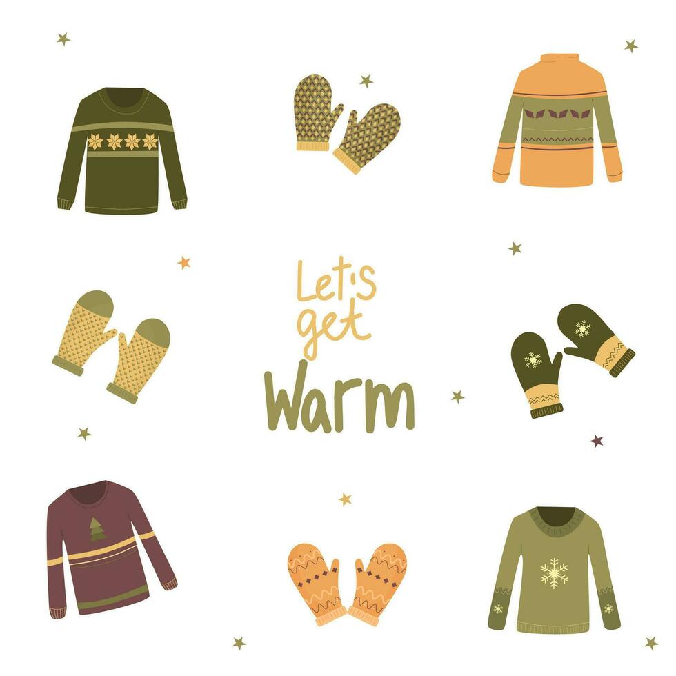 Sweater and mittens vector illustration set. Winter illustration on white background.