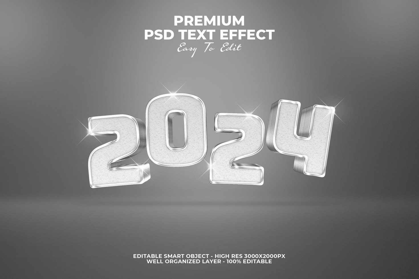 3D Silver 2024 new year text effect psd