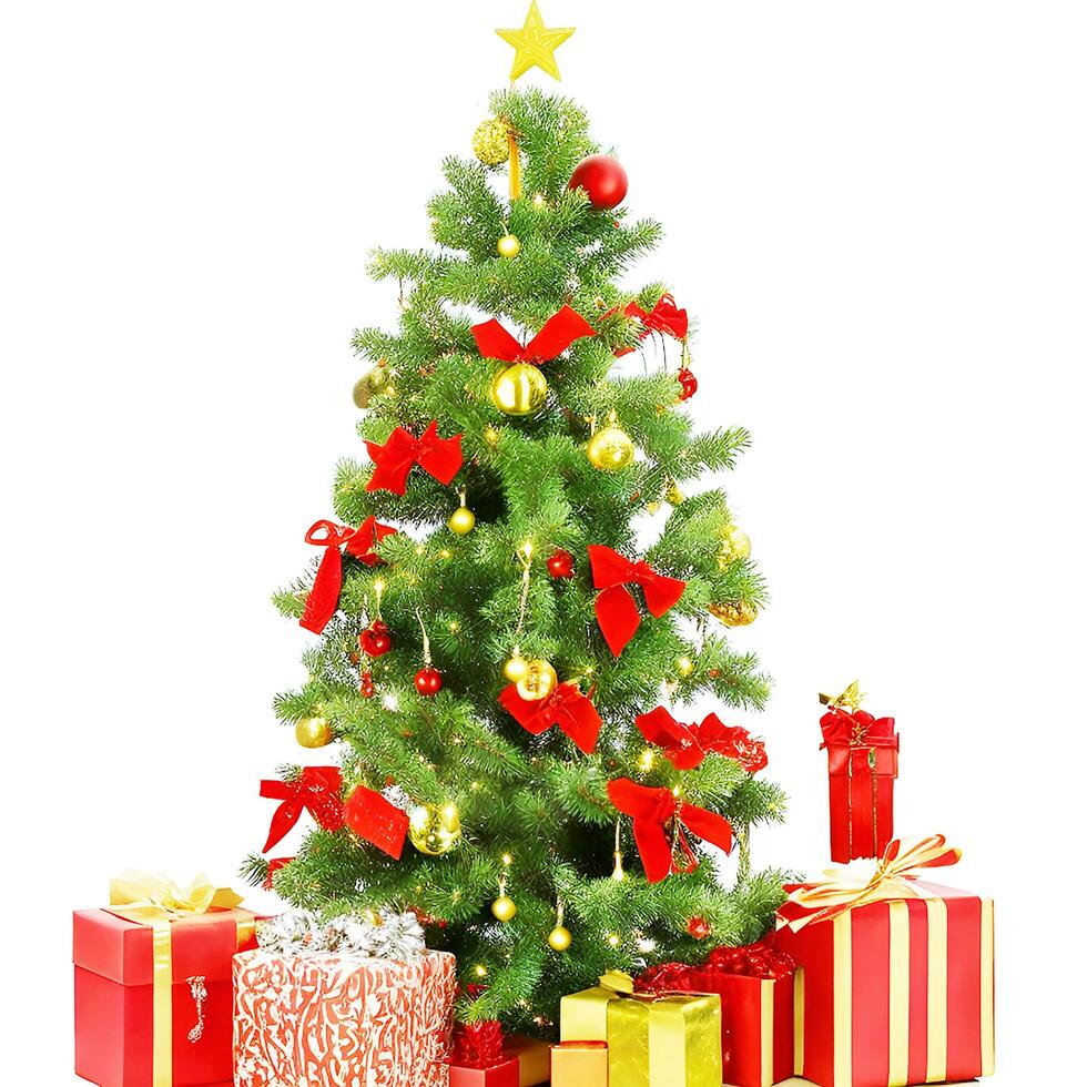 AI generated A Photo decorated christmas tree with gifts isolated on white background ai generated