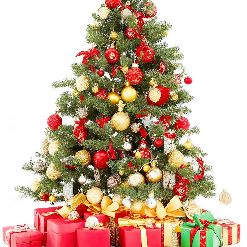 AI generated A Photo decorated christmas tree with gifts isolated on white background ai generated