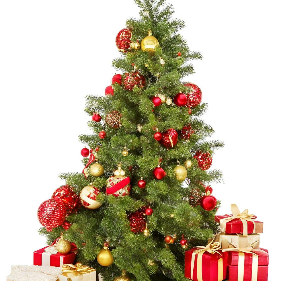 ai generado un foto decorado Navidad árbol con regalos aislado en blanco antecedentes ai generado