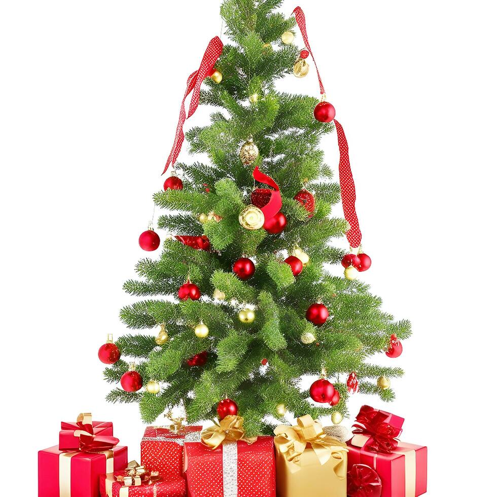 AI generated A Photo decorated christmas tree with gifts isolated on white background ai generated