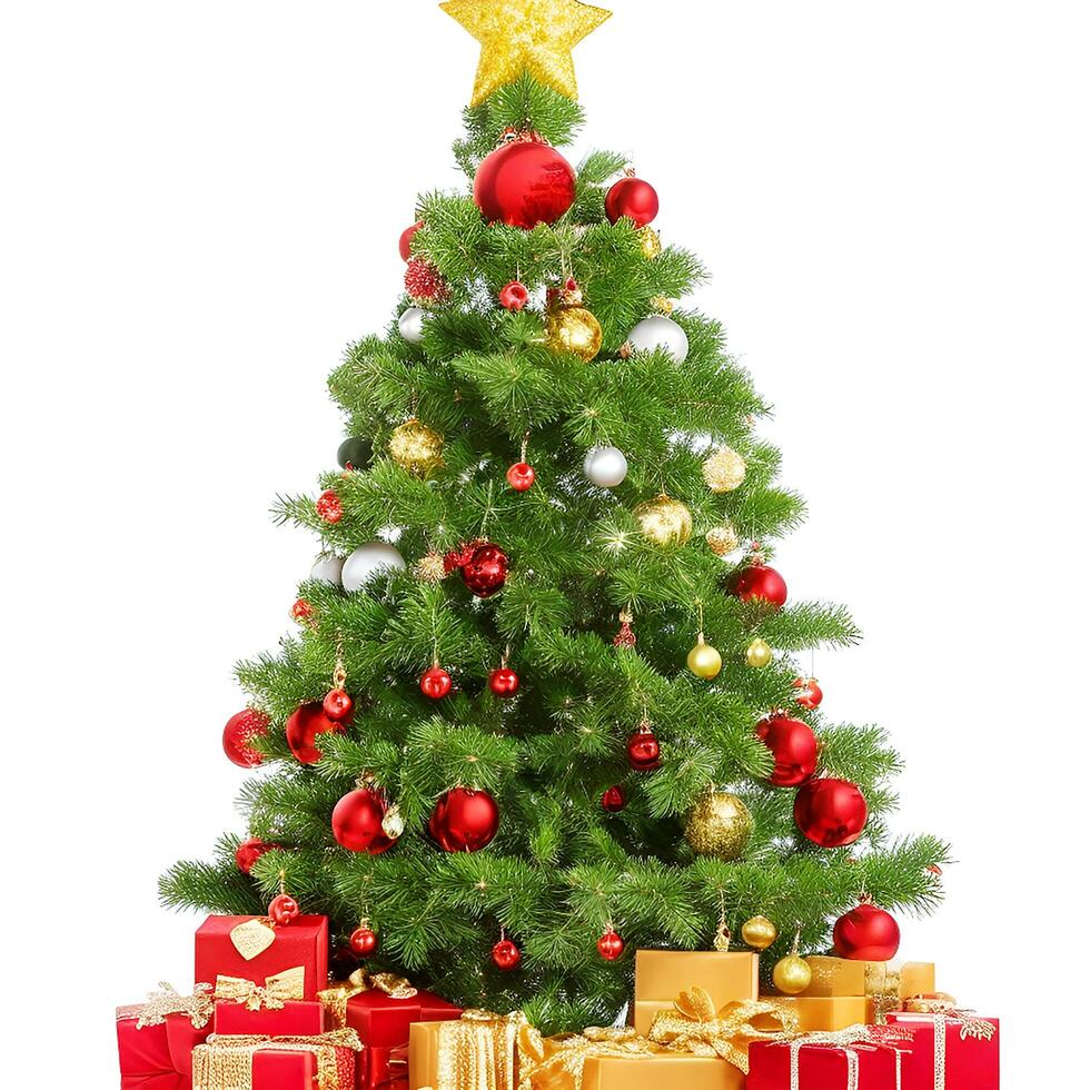 AI generated A Photo decorated christmas tree with gifts isolated on white background ai generated